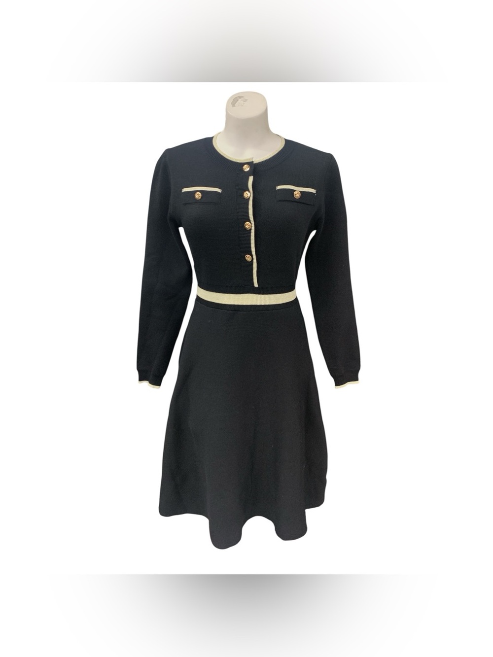 Classic Black Knit NWT Button-Front Skirt Set with Cream Trim Size M